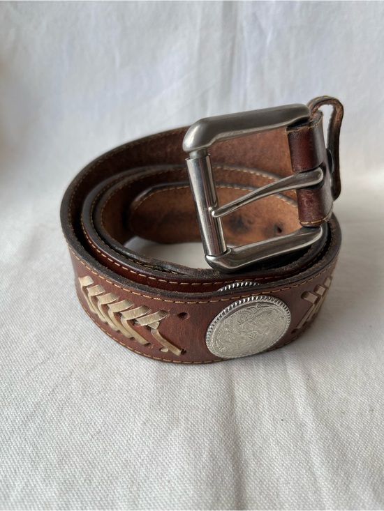 Source Unknown Accessories - Vintage Western Brown Leather Belt with Silver Coin Accent